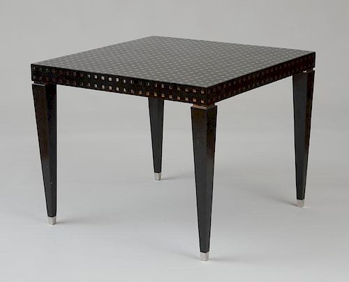 BLACK MARBLE AND CHROME VENEERED SQUARE TABLE