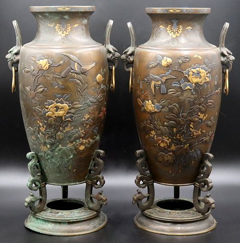 Pair of Japanese Mixed Metals Urns with Handles.