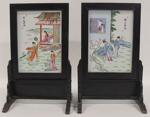 Pair of Signed Chinese Enamel Plaques as Table