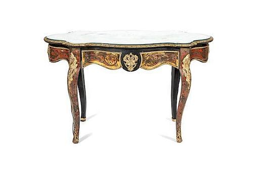 A Napoleon III Bronze Mounted Boulle Marquetry Center Table, Height 30 x width 54 inches.
