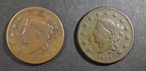 LOT OF (2) 1834 LARGE CENTS: