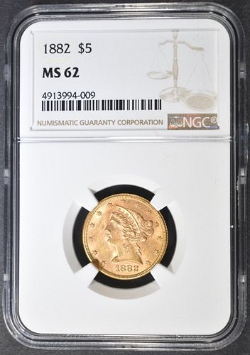 1882 GOLD $5.00 LIBERTY  NGC MS-62