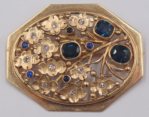 JEWELRY. 14kt Gold, Sapphire and Diamond Brooch.