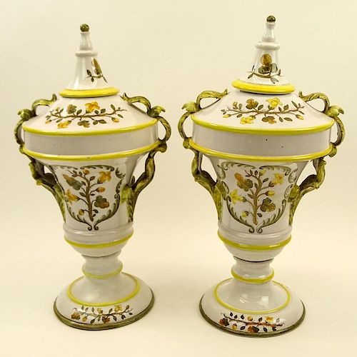Pair of Large Italian Majolica Handled Urns. Hand painted Floral Motif.