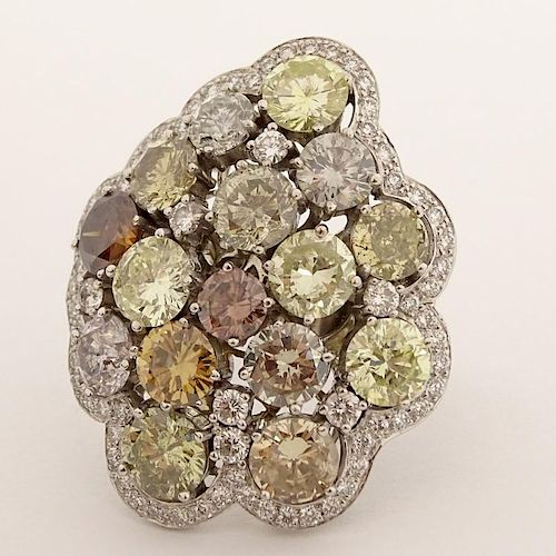 Approx. 14.50 Carat Diamond and 18 Karat White Gold Cluster Ring set with 12.0 Carat Multi-color Diamond and 2.50 Carat Round Brilliant Cut White Diam