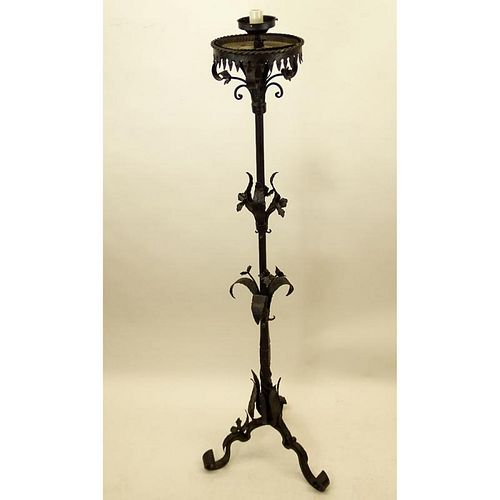 Antique Wrought Iron Torchiere, Now Wired. Floral and foliate motif.