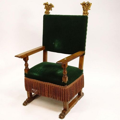 19th Century Italian Renaissance Style Walnut Armchair with Carved and Giltwood Finials.