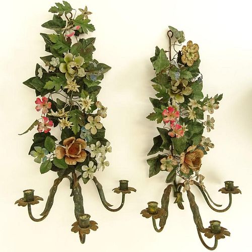 Pair of Vintage Italian Painted Toleware Floral Sconces.