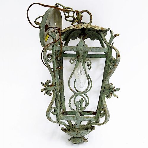 Early 20th Century Painted Wrought Iron Hanging Lantern.