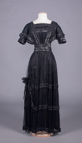 SEQUINED & BEADED SILK TULLE EVENING DRESS, c. 1912