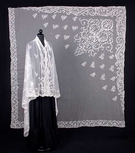 TWO TAMBOUR & LACE RUN SHAWLS, 1850-1860s