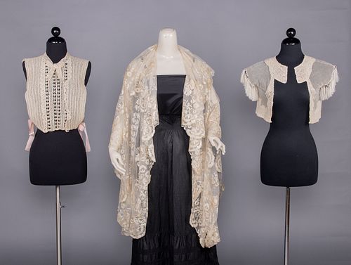 CROCHET DICKIE, RUNNING LACE SHAWL & SOUTACHE CAPELET, 1840s & 1900-1914