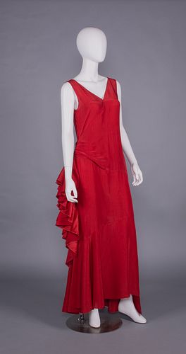 SCARLET WATERED SILK EVENING GOWN, 1930s