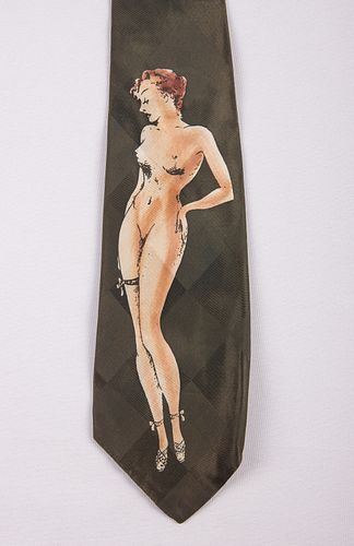 HAND PAINTED NUDE PINUP TIE, 1940s