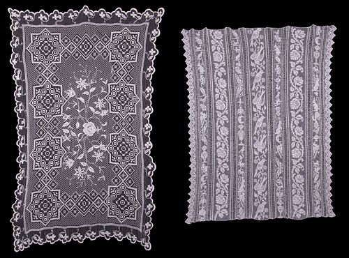 TWO EXCEPTIONAL FILET TEXTILES & ASSORTED HOUSEHOLD TEXTILES, EARLY 20TH C