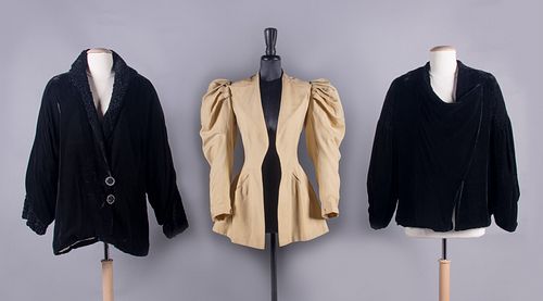 ONE RIDING & TWO SILK VELVET EVENING JACKETS, c. 1893 & 1910-1930s