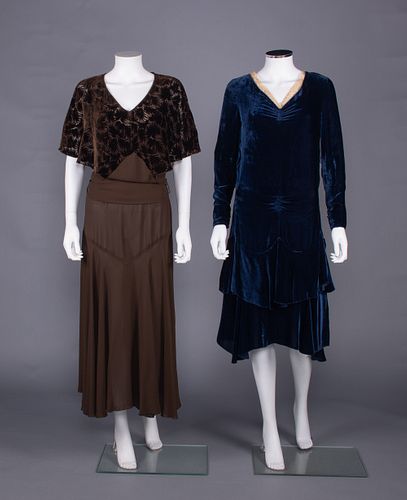 TWO VELVET & CREPE DRESSES, 1920-1930s