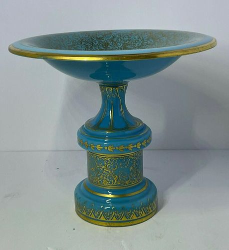 OUTSTANDING ANTIQUE FRENCH BLUE OPALINE COMPOTE GOLD PAINT