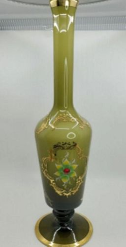 LARGE OVERLAY GREEN GLASS VASE WITH GOLD ENAMEL ACCENTS
