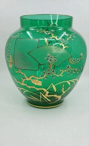 LARGE GREEN BOHEMIAN ENAMELED GLASS VASE WITH JAPANESE MOTIF CHERRY BLOSSOMSM