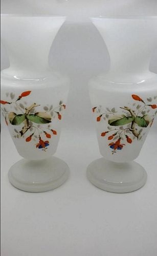 LARGE PAIR OF GLASS VASES WITH ENAMEL ACCENTS