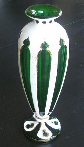 LARGE BOHEMIAN OVERLAY CUT TO GREEN VASE WITH WHITE ENAMEL AND GOLD GILDING