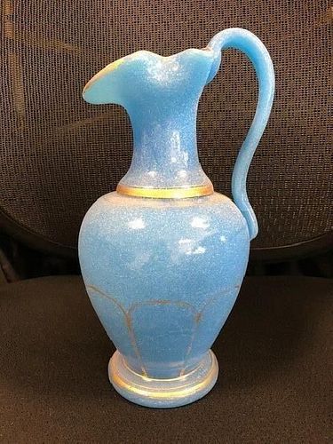 LARGE BLUE OPALINE GLASS JUG WITH GOLD GILDING