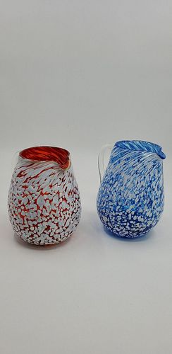 PAIR OF ENAMELED OVERLAY GLASS PITCHERS