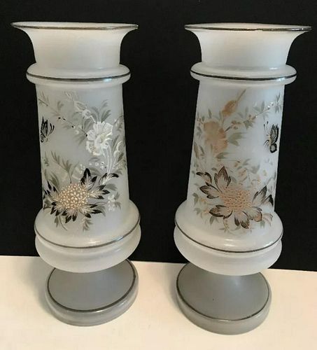 PAIR OF OPALINE GLASS VASES BUTTERFLY & FLOWERS