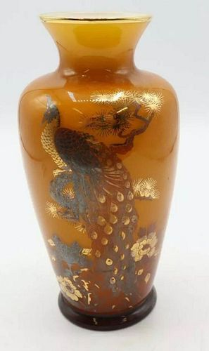 IMPORTANT OVERLAY AMBER GLASS VASE WITH PEACOCK