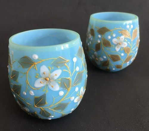 SUPERB PAIR OF ENAMELED OPALINE OPAQUE BLUE GLASS