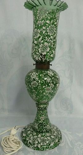 LARGE MAGNIFICENT PROFUSELY ENAMELED MOSER LAMP WITH RUFFLE GLASS SHADE