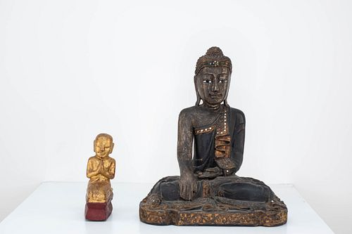 Grp: 2 19th/20th c. Thai Carved Wood Inlaid Buddha