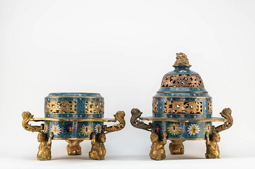 Pr Chinese Cloisonne Braizers or Censers 