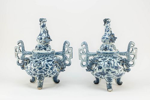 Pr of Large Chinese Porcelain Blue & White Censers