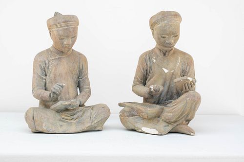 Pair of Ceramic Studying Monks