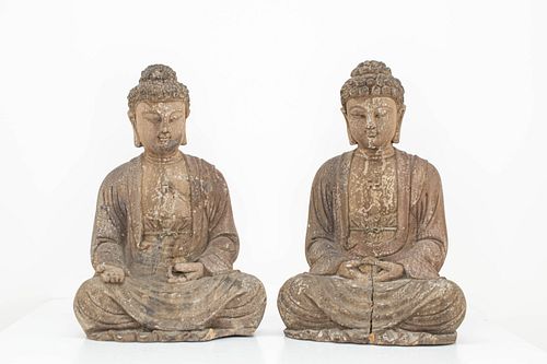 Pair of Chinese Carved Wood Buddhas 
