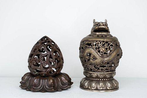 Grp: 2 Chinese Bronze Censers - Dragon, Lotus