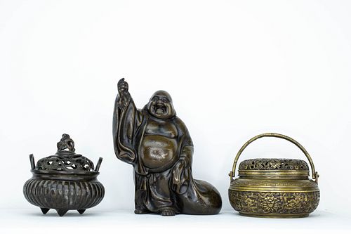 3 Chinese Bronzes: Hand Warmer, Censer, Buddha