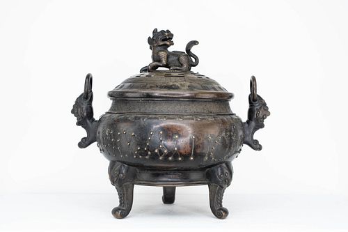 Chinese Bronze Tripod Censer with Foo Dog Finial
