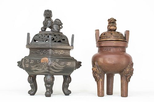 Grp: 2 Chinese Bronze Censers with Foo Dog Motifs