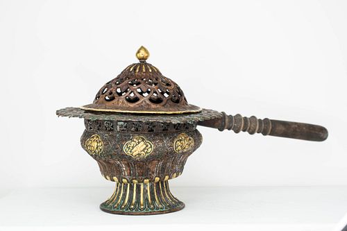 Tibetan Handled Gilt Censer Tooled Copper