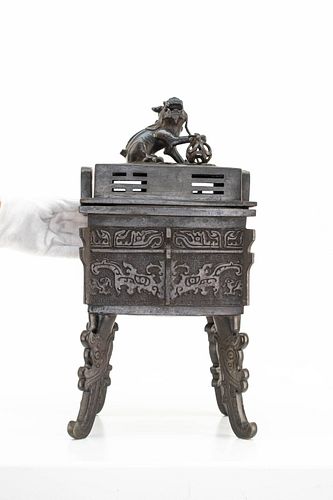 Tall Chinese Bronze Censer with Foo Dog Finial