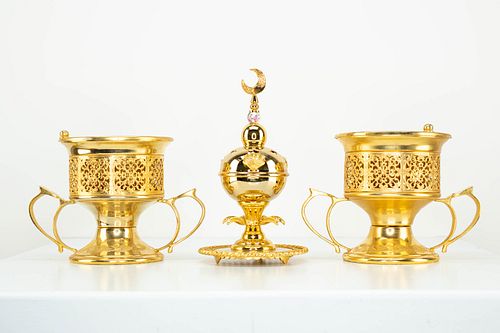 Grp: 3 Gold-Colored Metal Censer & Ritual Vessels 