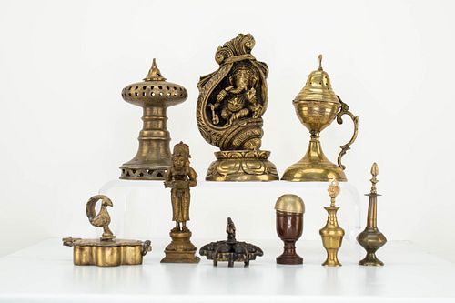 Lot 10 Indian Brass Objects and Lamps