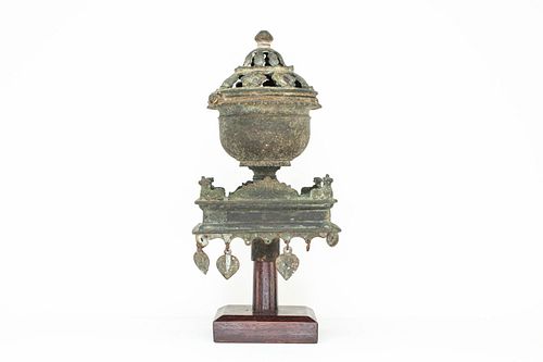 Indian Bronze Censer on Wood Stand 