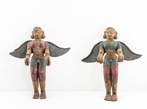2 Indian Polychrome Carved Wood Angels