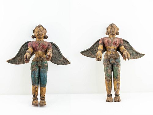 2 Indian Polychrome Carved Wood Angels
