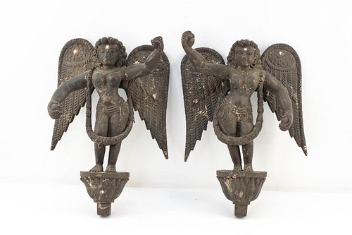 Pair Indian Carved Wood Architectural Angels