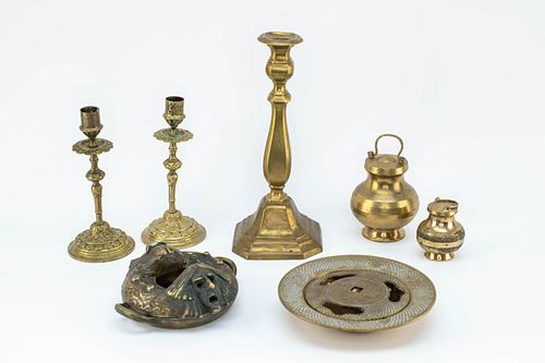 Grp: 7 Brass Candlesticks, Canisters, & Censers